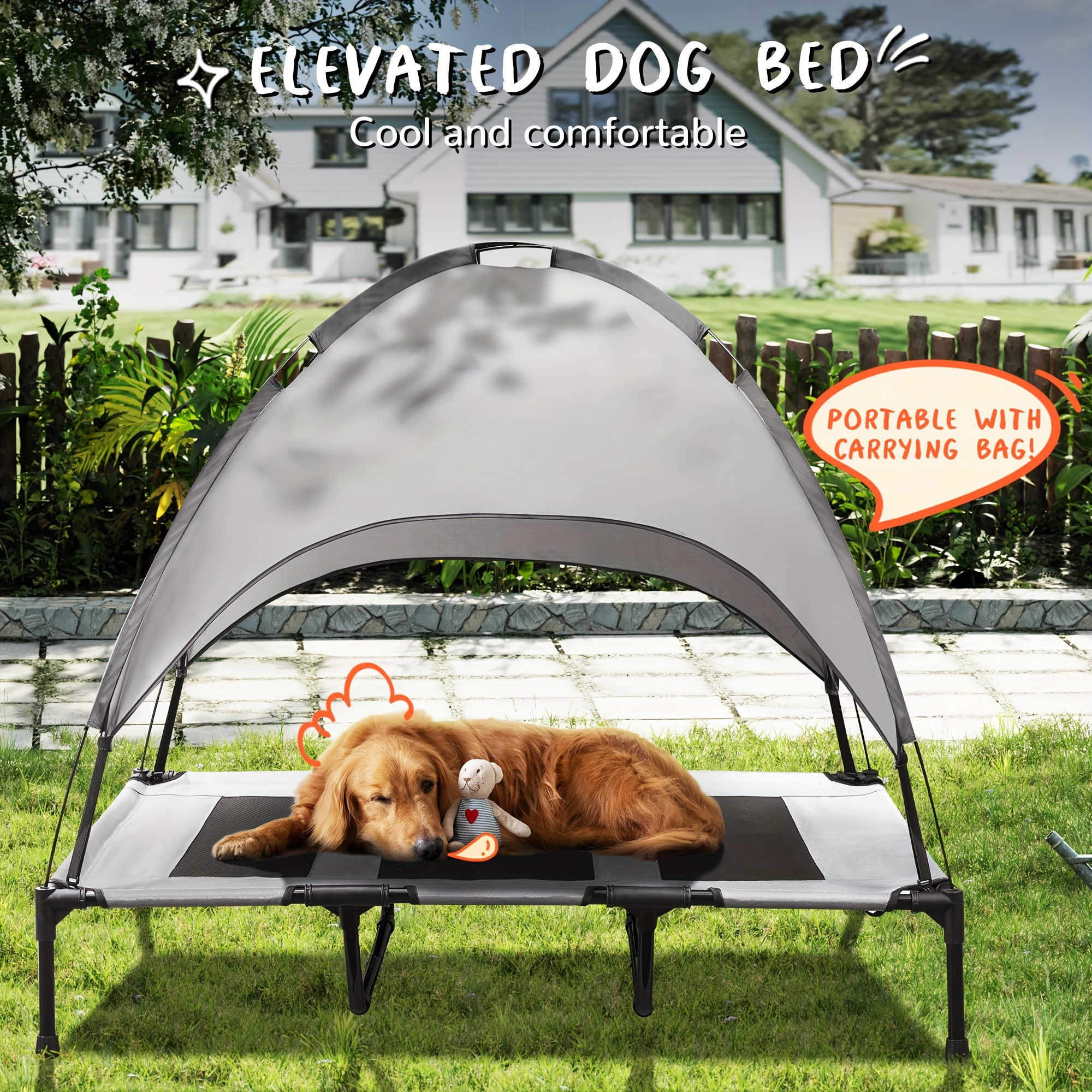 

Elevated Dog Bed With Canopy With Removable Shade Tent, 2-in-1 Indoor/outdoor Oxford Dog Cot With Canopy Shade For , For Camping Or Beach