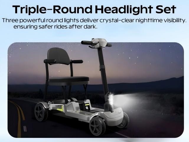 foldable powered 4 wheel mobility scooter for seniors, lightweight portable electric scooter for adult, dual lithium batteries, climbing all terrain motorized scooter with headlight, elderly outdoor riding,   handlebar Product details 5