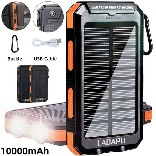 10000mah 5v2a fast charging multifunctional solar panel power bank with led light large capacity rechargeable portable mobile phone charger dual flashlights dual usb port outdoor travel battery packs for iphone