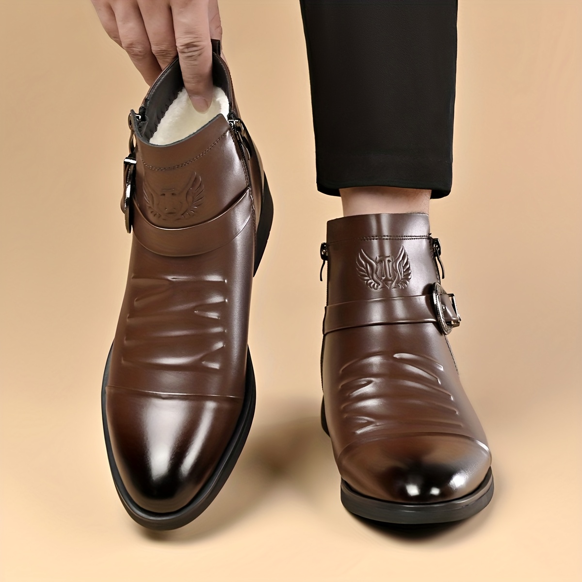 [Men's Vintage Western Boots] Men's Vintage Western Style Ankle Boots with a Convenient Side Zipper and Ornate Carved Buckle, Featuring a Pointed Toe and Unique Pleated Vamp for a Stylish Biker Formal Look