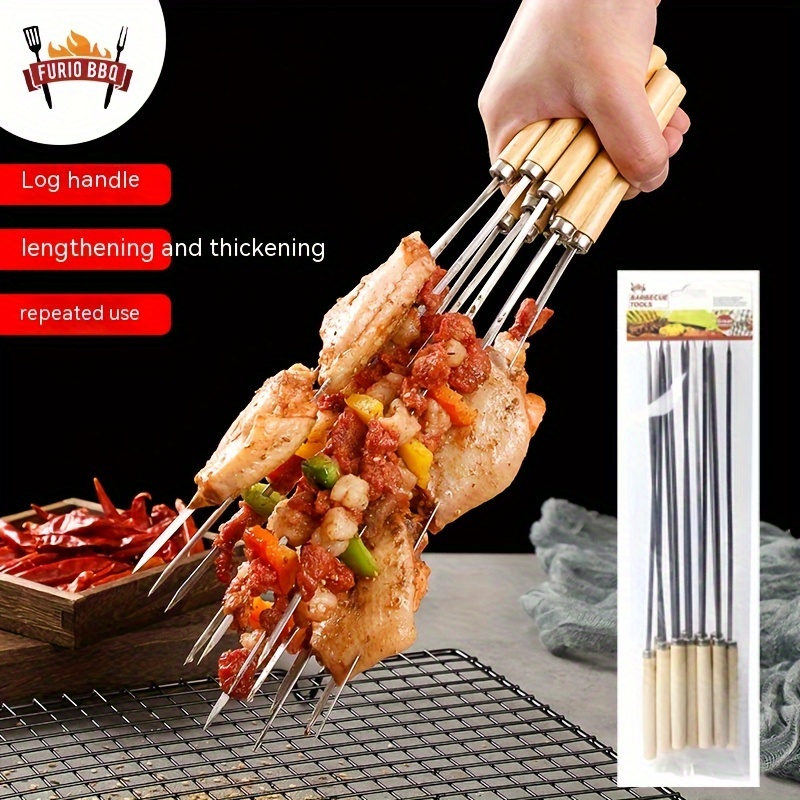 

12pcs, Barbecue Skewers, Stainless Steel Skewers For Bbq, Multifunctional Metal Bbq Skewers With Wooden Handle, Grilling Stainless Steel Skewers, Bbq Needle Sticks, Outdoor Cooking, Bbq Supplies