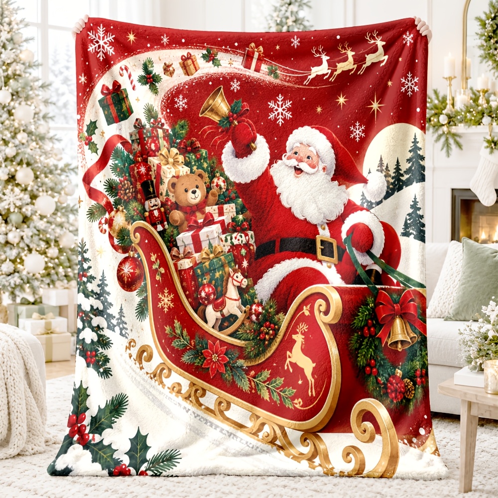 TEMU Couverture jetée imprimée douce 2D plate 1pc Père Noël Chariot de Noël Cadeaux Branche de de neige Sapin pour bureau et voiture pour canapés