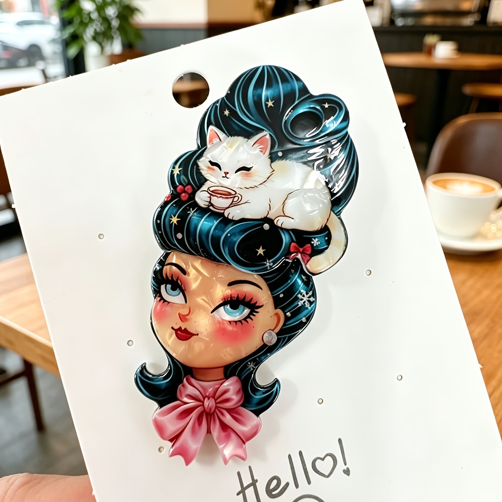 TEMU 1pc Christmas Retro Christmas Tree Hair Style Acrylic Brooch Cute Kitten Shaped Pin, Christmas Gift