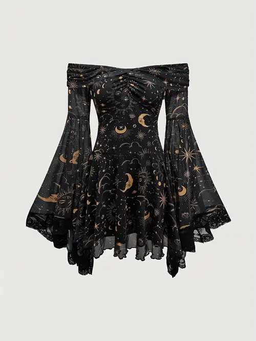 Gothic Semi-Sheer -Line Dress with Off-Shoulder/ Neck, Bell Sleeves & Star & /Moon Print - Lace Sleeve Suitable for Weddings, Parties * Wear - Elegant * Dress Gothic Semi-Sheer -Line Dress with Off-Shoulder/ Neck, Bell Sleeves & Star & /Moon Print - Lace Sleeve Suitable for Weddings, Parties * Wear - Elegant * Dress