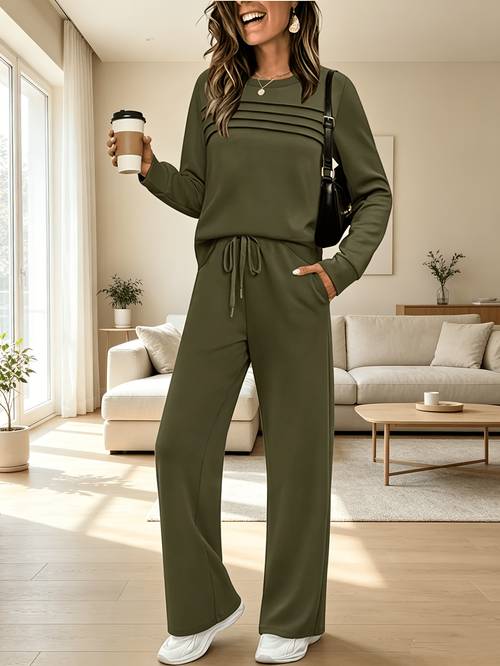 casual womens 2pcs outfit set pleated long sleeve round neck top and drawstring wide leg pants with pockets solid color loose fit casual daily suit for fall winter machine washable