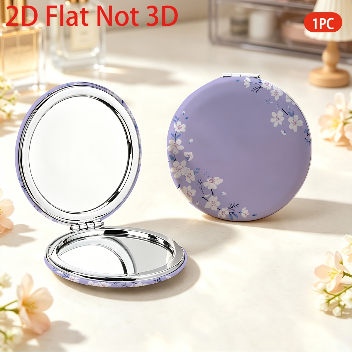 TEMU 2d Flat, 1pc, Makeup Mirror, Light Purple Cherry Background, Pattern Round Mirror, Double-sided Mirror, Souvenir, Reusable, Holiday Gift For ,