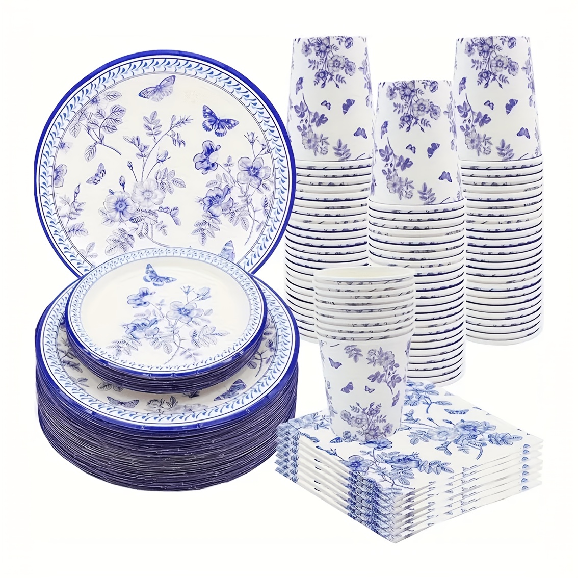   50 80pcs blue and white floral plates cups napkins disposable party tableware set   dinnerware for wedding shower   party pack for bridal events paper plates cups