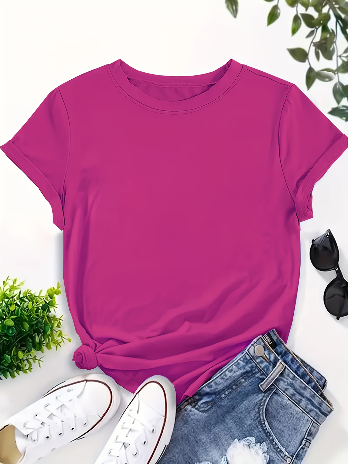 Solid Color Crew Neck T-Shirt, Casual Short Sleeve T-Shirt for Spring & Summer, Women's Clothing