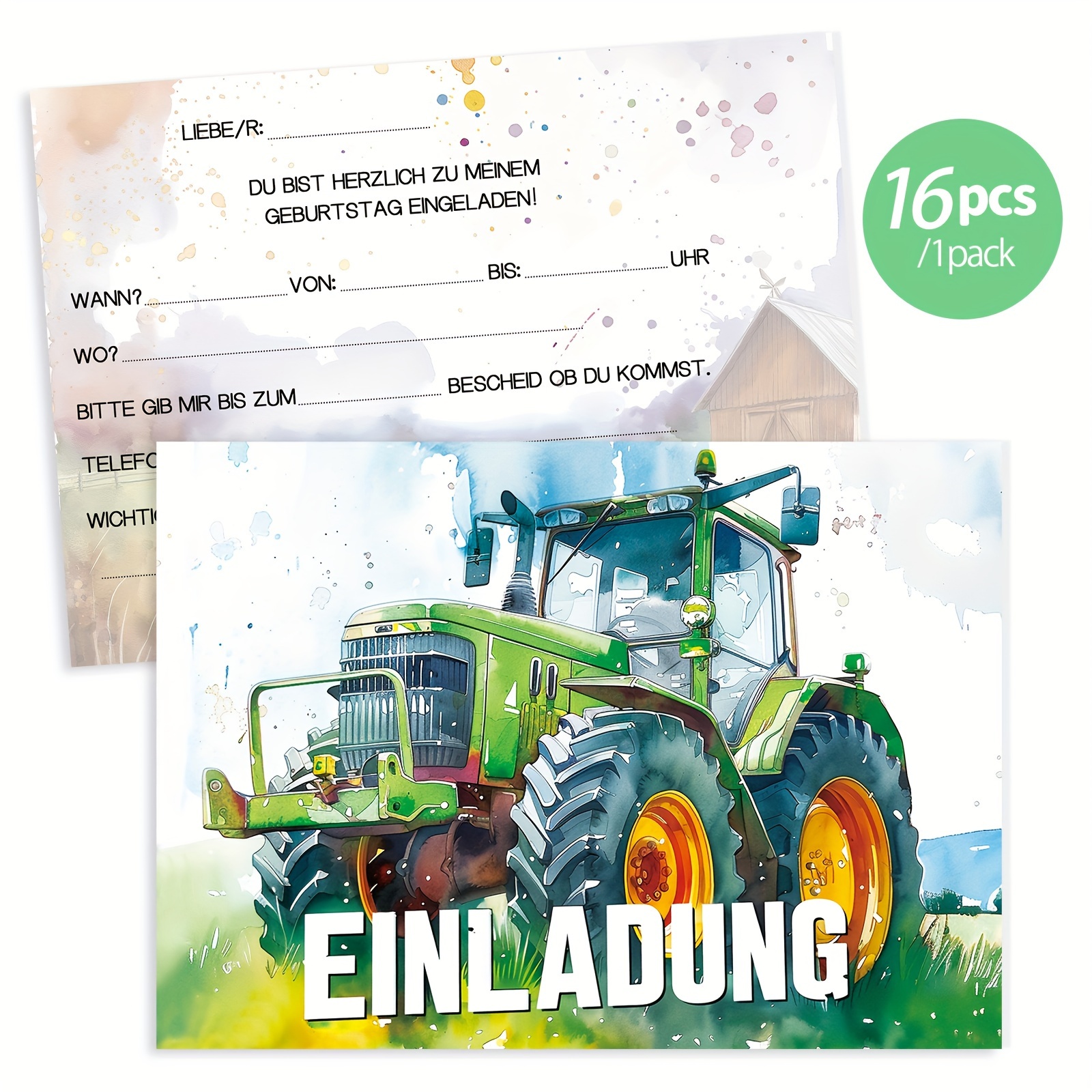 

16pcs Tractor Boys And Girls Birthday Invitation Cards, German Boys And Girls Birthday Tractor Invitation Cards, Birthday Tractor Invitation Cards, Birthday Party Invitation Cards Invitations