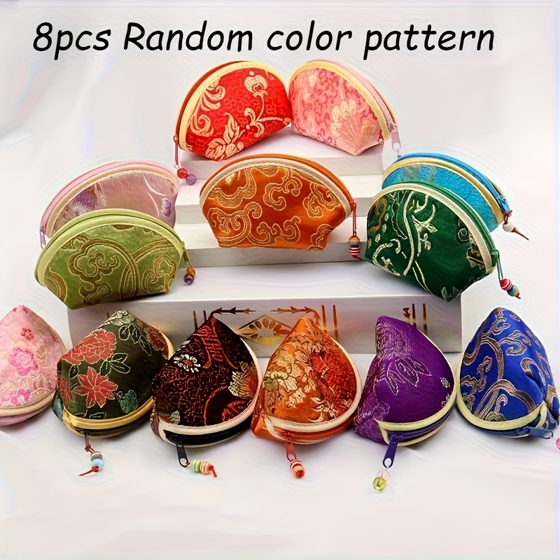 Image of 8 Assorted Chinese Embroidery Coin Purses, Fabric Zipper Jewelry Gift Bags, Traditional Floral Patterns, Multiple Colors, Small-sized Travel Pouches