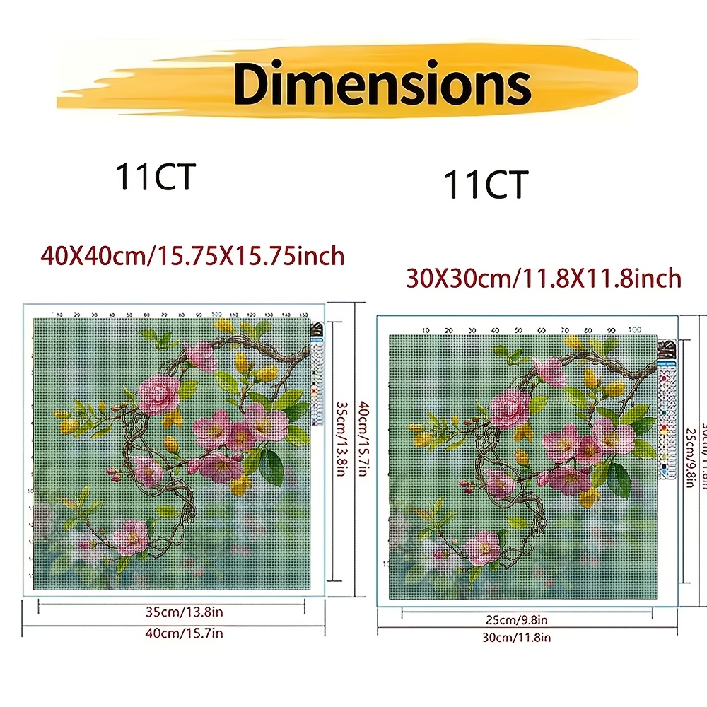 New Cross Stitch Printed Kit, Frameless, "Pink Yellow Flower Green Leaf"