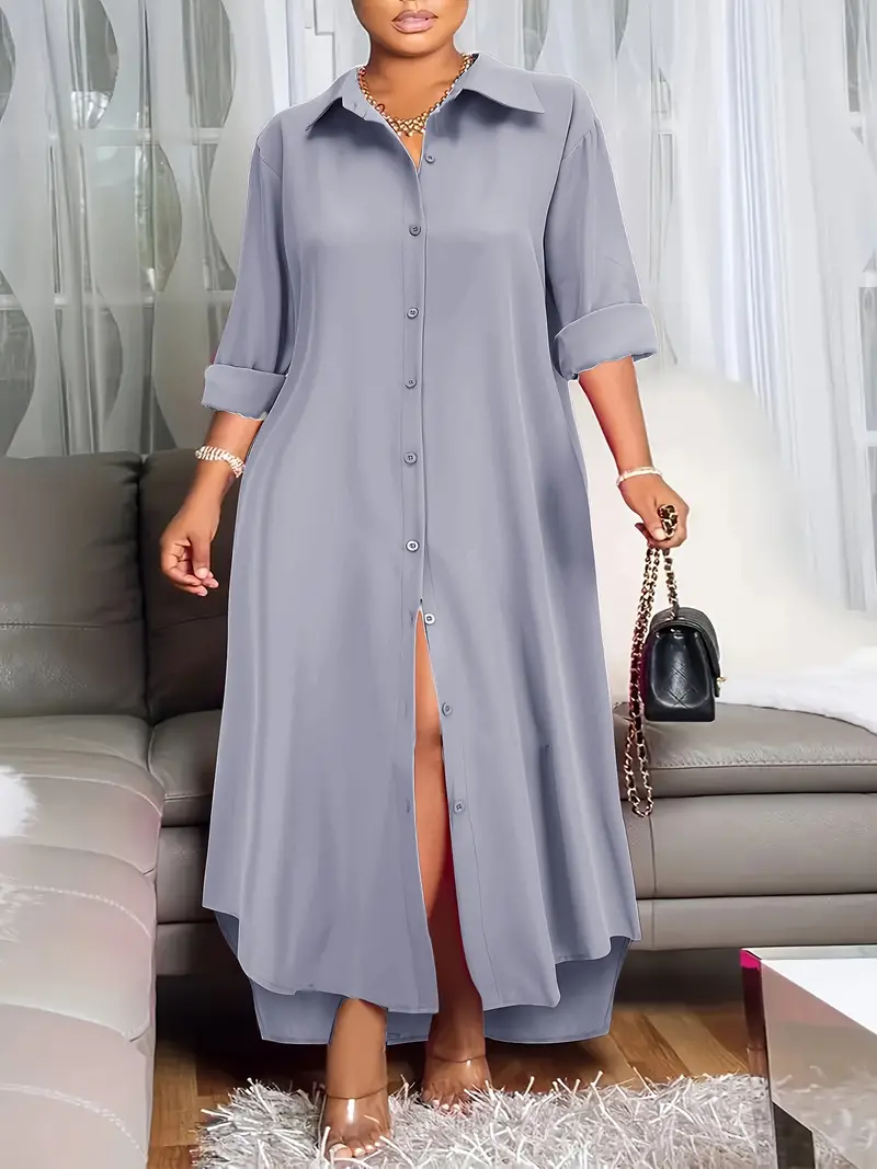 plus size solid button front dress casual collared long sleeve dress womens plus size clothing details 0