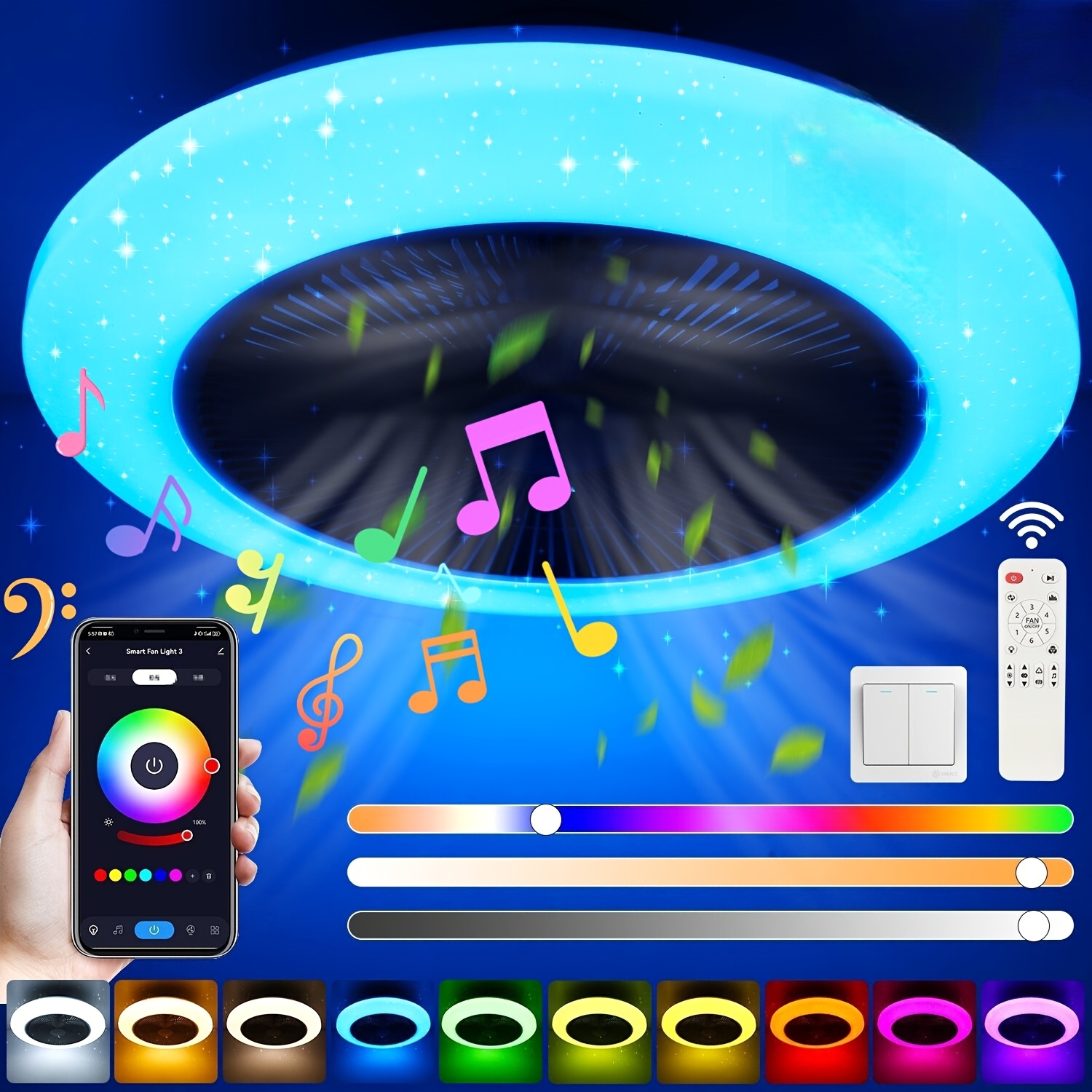 Image of Rgb Fan Light With Music Sync, Ceiling Light With Starry Sky Effect, 6-speed Fan, App Dimming, Music Rhythm, , Suitable For Bedroom/dining Room
