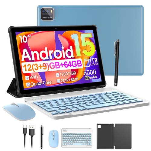 Raemond Android 15 Tablet 12 Inch with Optional Keyboard, Case, Mouse, Stylus Without Electricity, 4-Core, 12(3GB+9GB) RAM + 64GB ROM+TB Expandable Storage, 1280x800 IPS HD Display, 2MP+8MP, 6000mAh, Widevine L1, GPS, 2in 1 Tablets with Gemini AI
