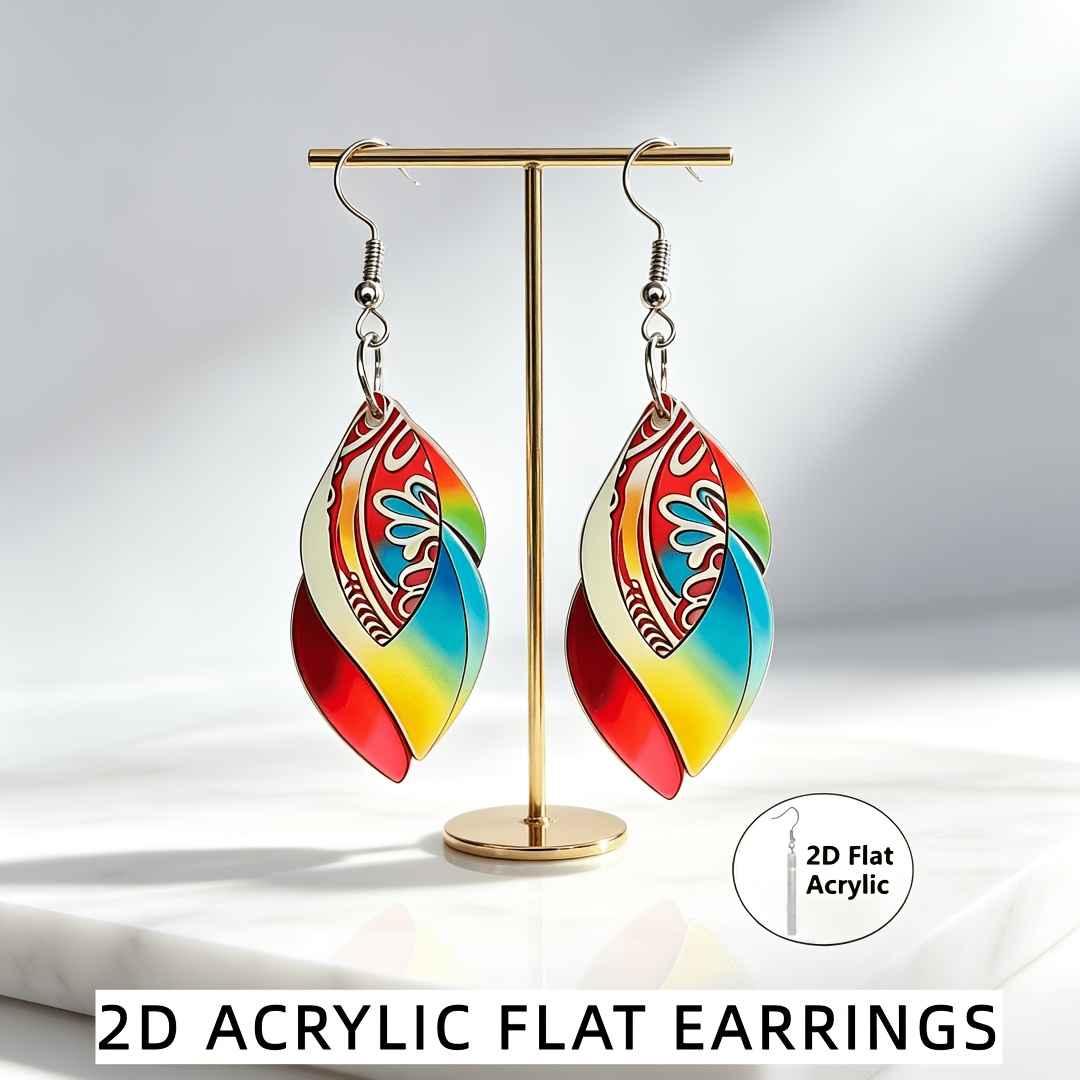 Bohemian Rainbow Printed Twisted Leaf Acrylic Dangle Earrings
