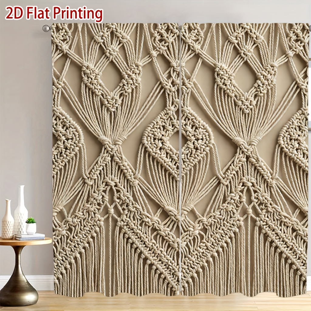 TEMU [ Product] 2pcs Knotted Geometric Print Curtains, Soft Light, Privacy Protection, Pocket Rod Installation Suitable For Living Room, Kitchen,