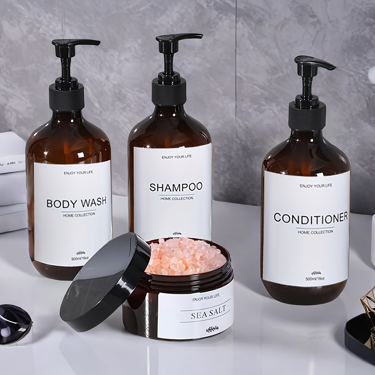 Badezimmer-Duschespender-Set Wiederverwendbare Bernsteinflaschen fr  Shampoo, Conditioner, Haarmaske, Meersalz-Krperschr, Aufbewahrung mit  Etiketten