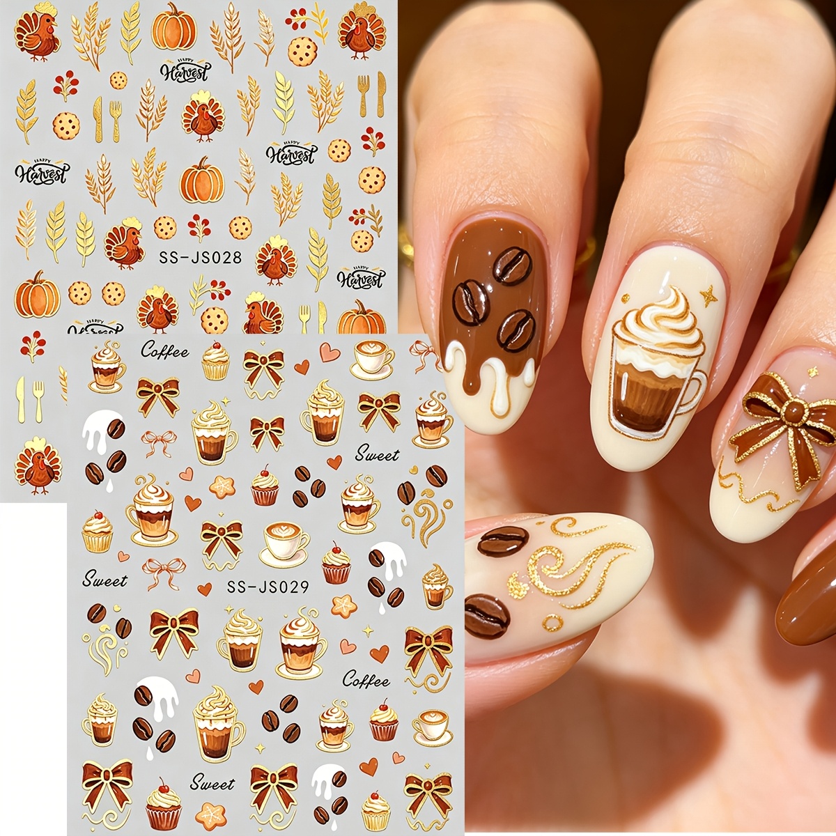 Image of 2pcs Autumn Winter Nail Art Stickers Thanksgiving Turkey Wheat Pumpkin Coffee Bean Bow Tie Patterns Nail Decals Diy Festive Nail Decorations