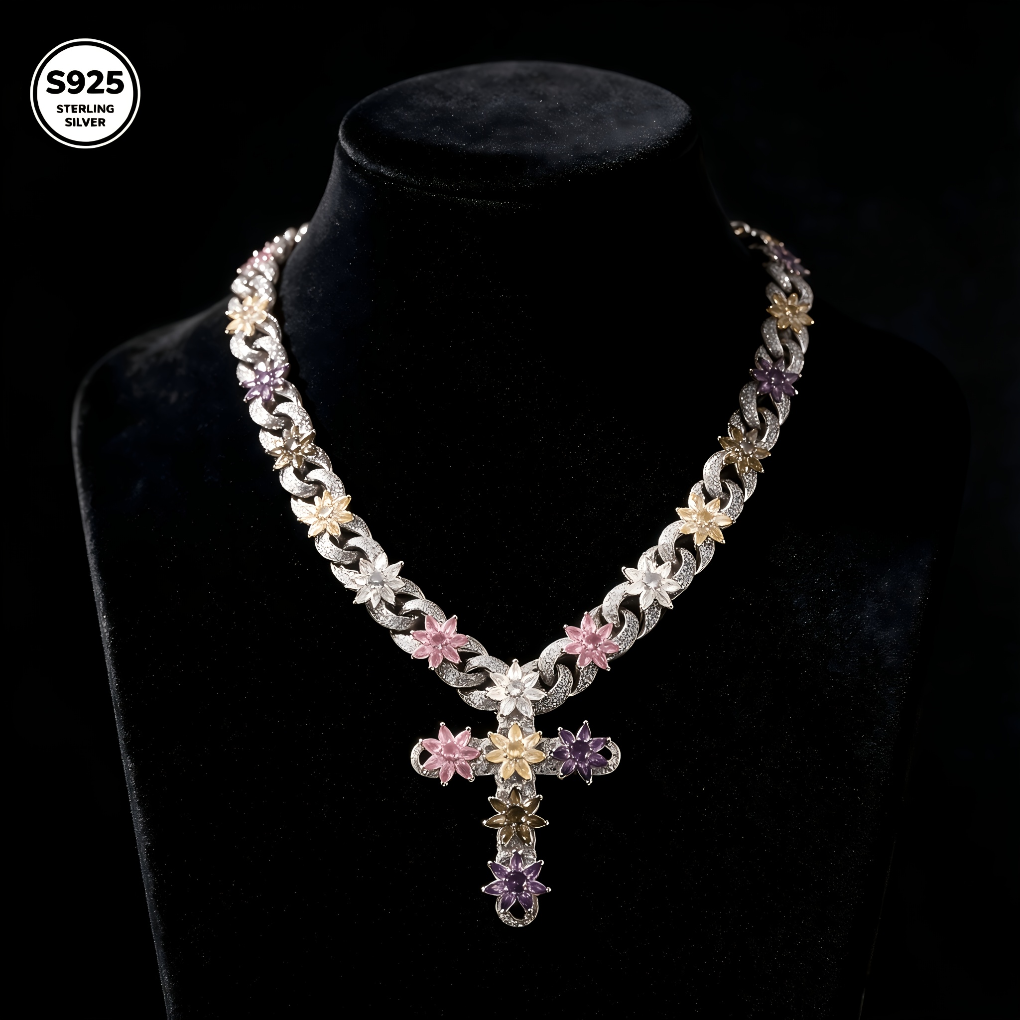 Image of 925 Golden & Silvery Colorful Flower Moissanite Cuban Chain Necklace, Cross Pendant Jewelry For Wear, Gift For Valentine's Day Mother's Day Birthday Thanksgiving New Year, With Premium Gift Box