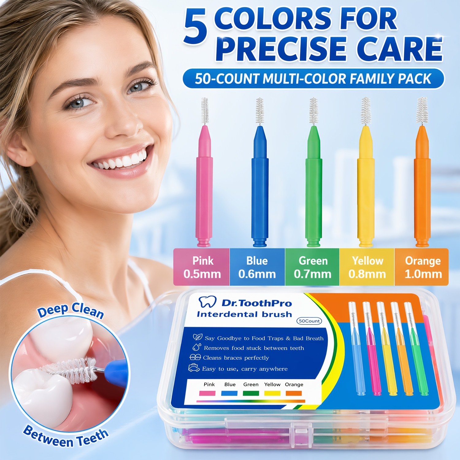 Image of 50 Type I Interdental Brushes (5 Colors And 5 Sizes), Interdental Cleaning Heads, Easy Sliding , Essential Oral Hygiene Tools For Travel