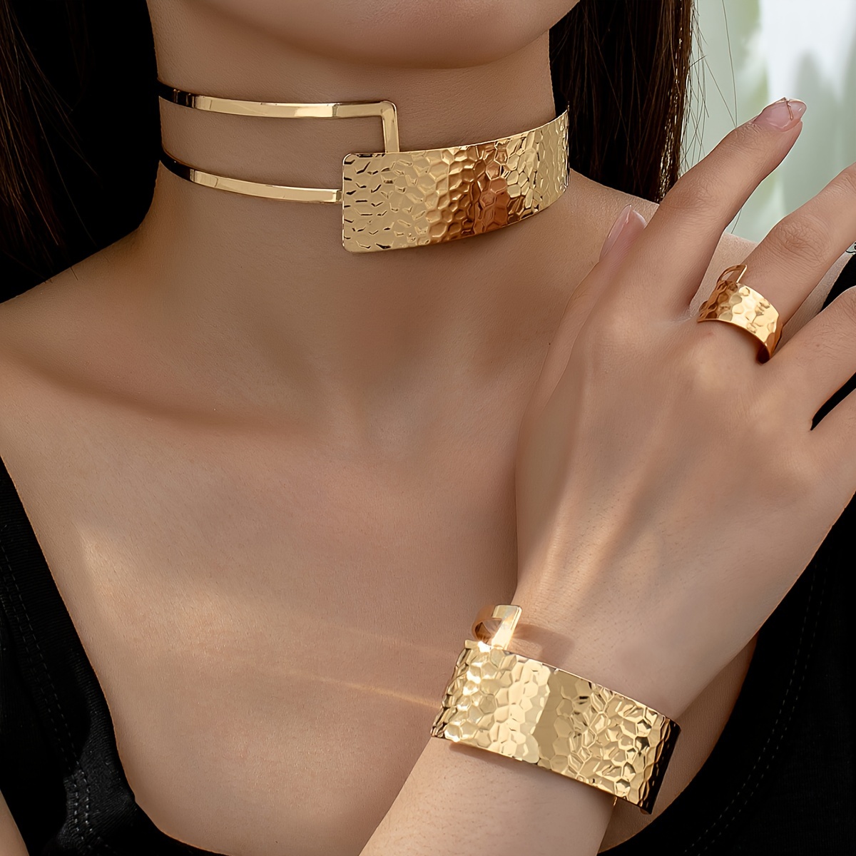 

Chic 3pcs Jewelry Set, 18k Golden Plated Iron, Textured Geometric Open Cuff Necklace, Bracelet, Ring, Women' & Party Wear Accessory, All