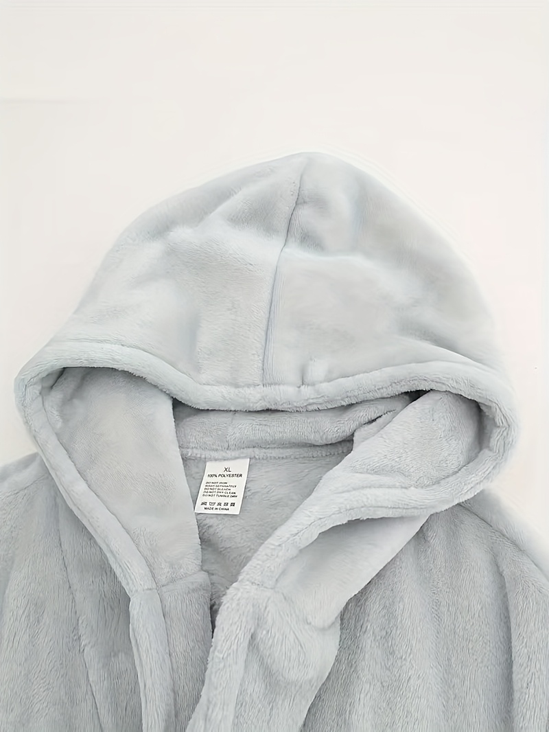 Men's Long Black Fleece Bathrobe with Double Hood - Soft, Breathable, Adjustable Belt, Solid Color, Ideal for Autumn/Winter Comfort