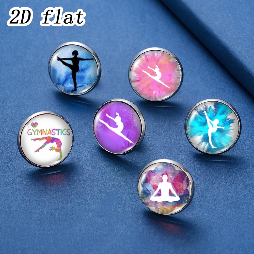 TEMU Set Of 6 Artistic Watercolor Gymnastics Pattern Designs Featuring Time Gem Glass Brooches With Stainless Steel Bases, 2d Flat Design Gymnastics