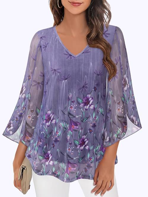 womens ruffle 3 4 sleeve v neck double layers mesh blouses loose fit flowy tunic tops