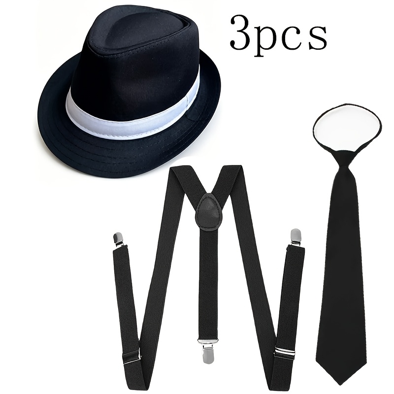 TEMU 3pcs 1920s Style Men's Clothing Accessory Set, Hat, Tie And Strap, Fashionable Dressing Accessory Set, Holiday Dressing Accessory Gift, Dinner