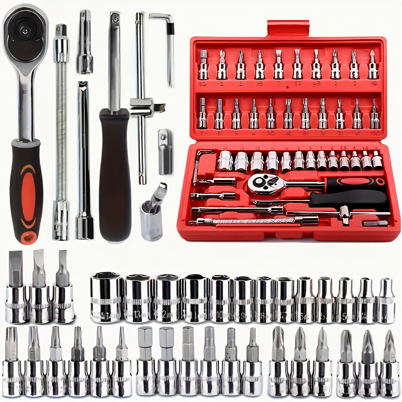 a set of 46pcs black multi purpose vehicle mounted vehicle repair tool box motorcycle repair tool set with plastic storage box suitable for   purposes such as automobiles motorcycles bicycles mechanical repair and maintenance