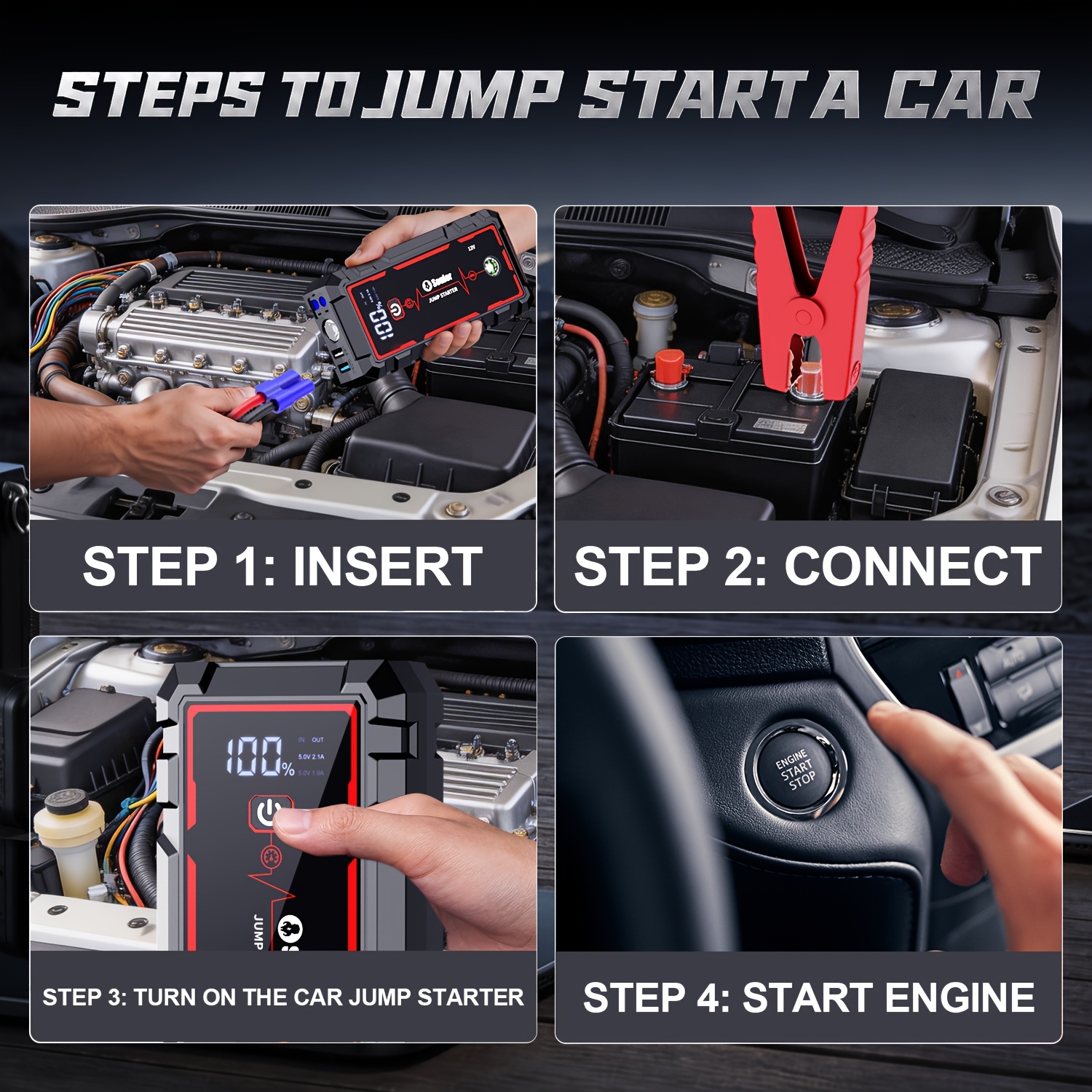 Soulor Car Jump Starter, 3000A to 6000A Portable Starter Power Supply, 2-In-1 Inflatable for All-In-One Multi-Functional Upgraded Version, 12V Quick Start Car, Suitable for All Cars, LED Emergency Lights, Compass, USB Input/Output