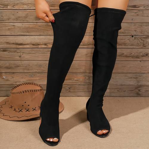 elegant women shoes shoes over the knee stretch boots with chunky heels toe boots black high heels womens high heel sandals women shoes