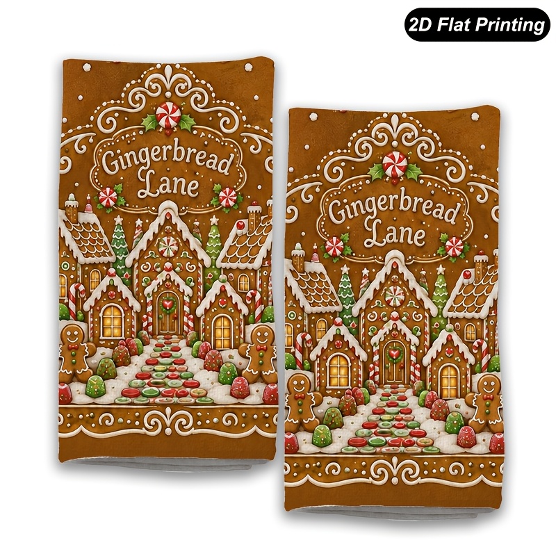 TEMU 2pcs Christmas Gingerbread House & Plaid Border Dish Towels - Farmhouse Kitchen Towel Suitable For Drying, Baking, Cooking, Holiday Decor, Hand