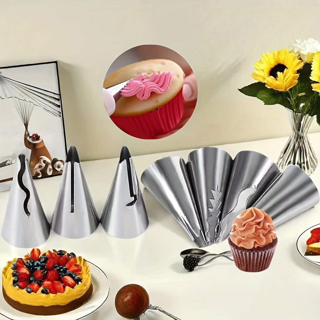 TEMU Juego de 7 Boquillas para Pastelería de Acero Inoxidable con Pliegues - Kit de Decoración de Tartas con Patrones Únicos para Cupcakes y
