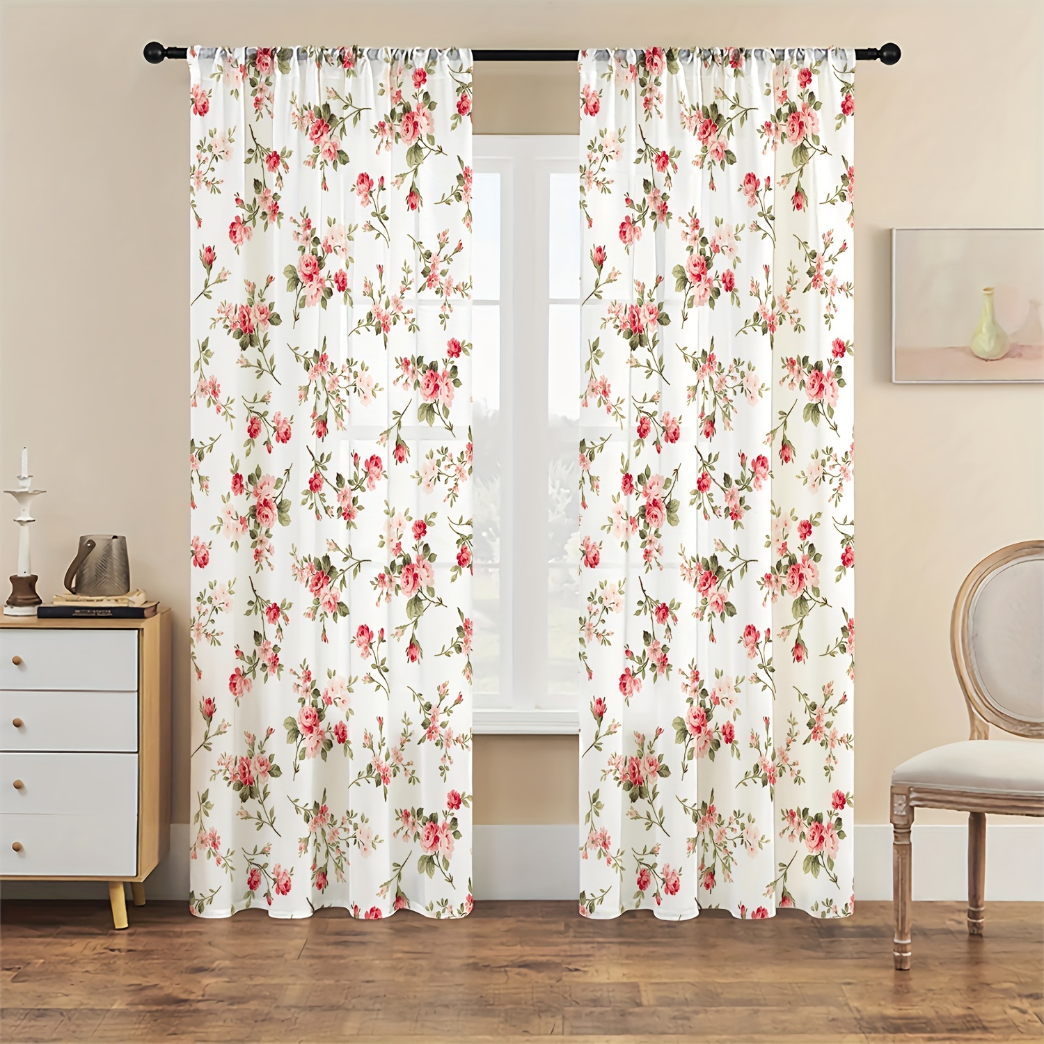 

2pcs Red Rose Floral Pattern Curtains, Style Semi-sheer Rod Pocket Drapes For Bedroom Decor, Lightweight, , , Uncorded, Woven Polyester Panels - In Multiple Sizes