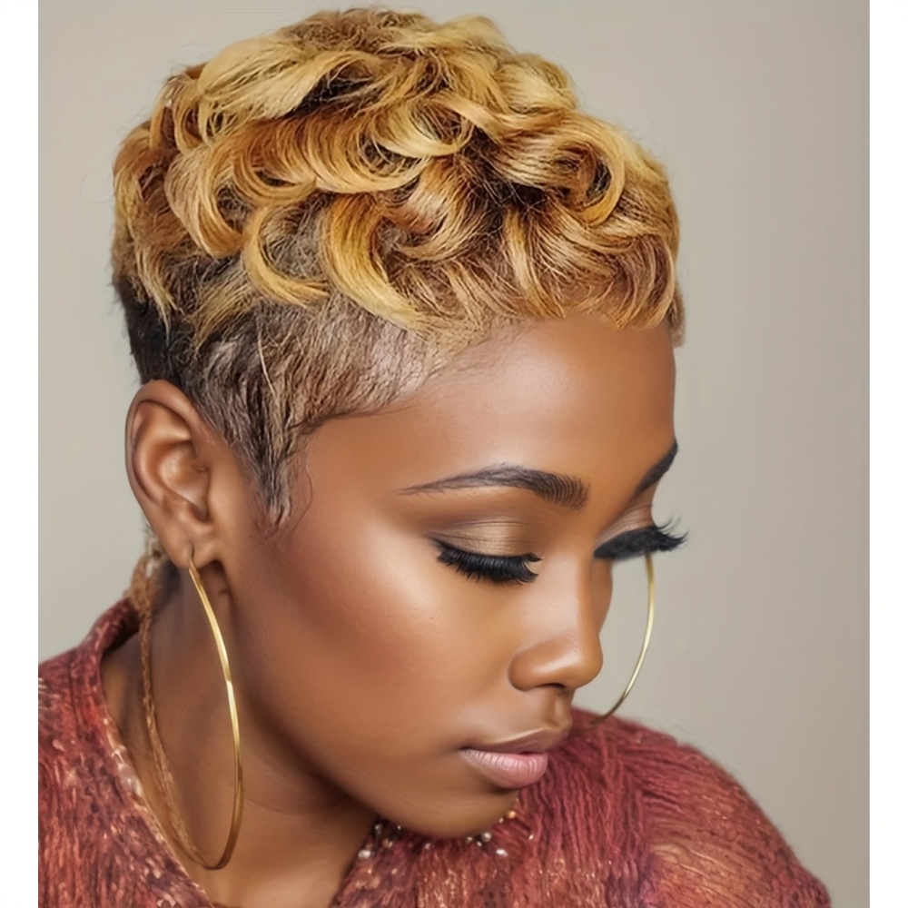 TEMU Elegant Ombre Brown To Blonde Short Curly Wig With Dark , 120% Density Synthetic Hair For