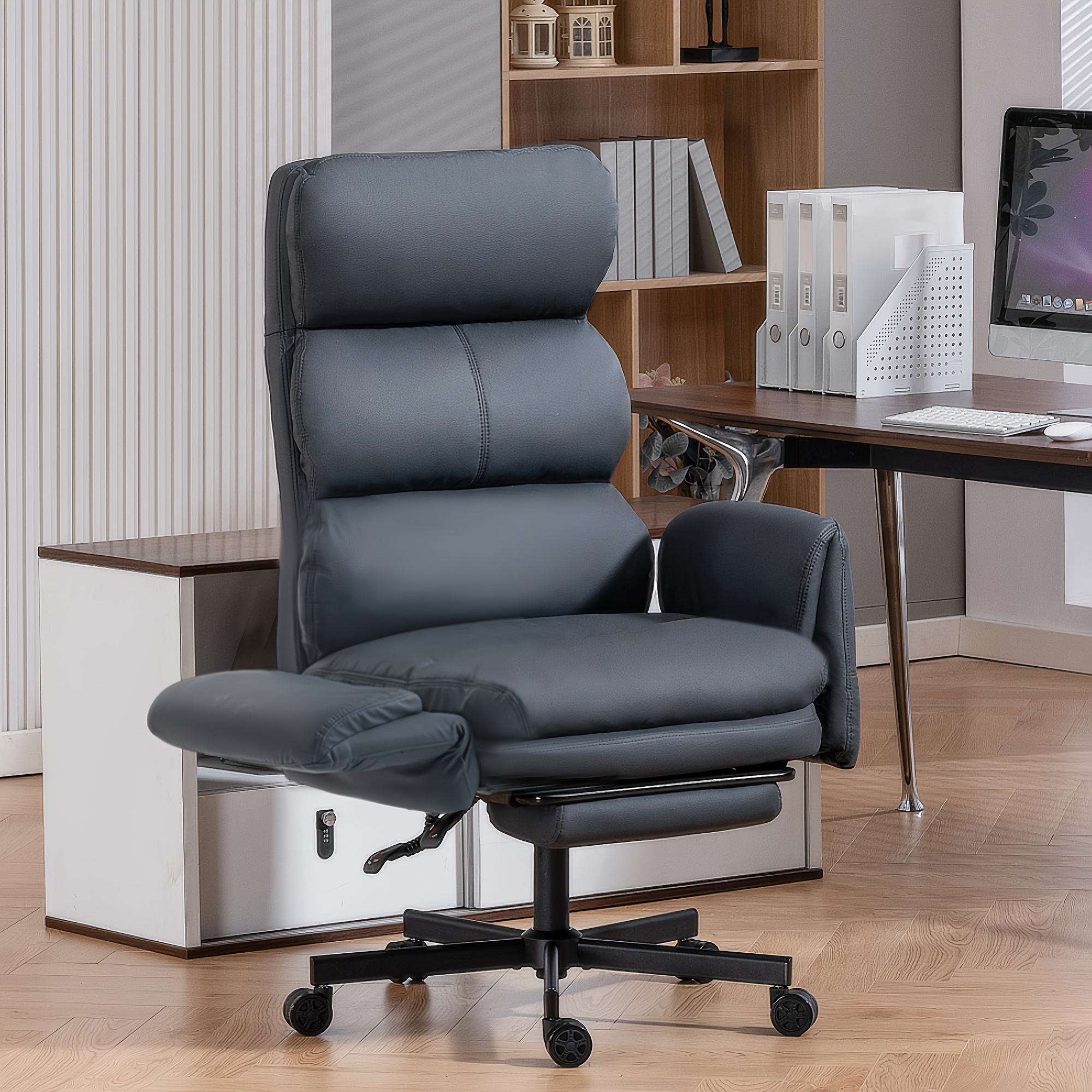 Image of Ergonomic Reclining Office Chair With Footrest - Cat Scratch Resistant, 500 Lbs Weight Capacity, Adjustable Headrest & Foldable Armrest, Thick Foam Padding For Home/office/gaming