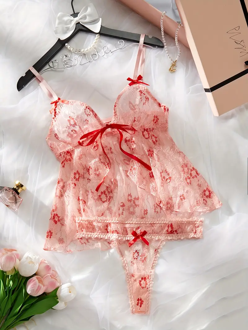 Women's Sexy Floral Lace Lingerie Set with See-Through Mesh Bra and Bow  Panties - Perfect for Romantic Nights and Intimate Moments