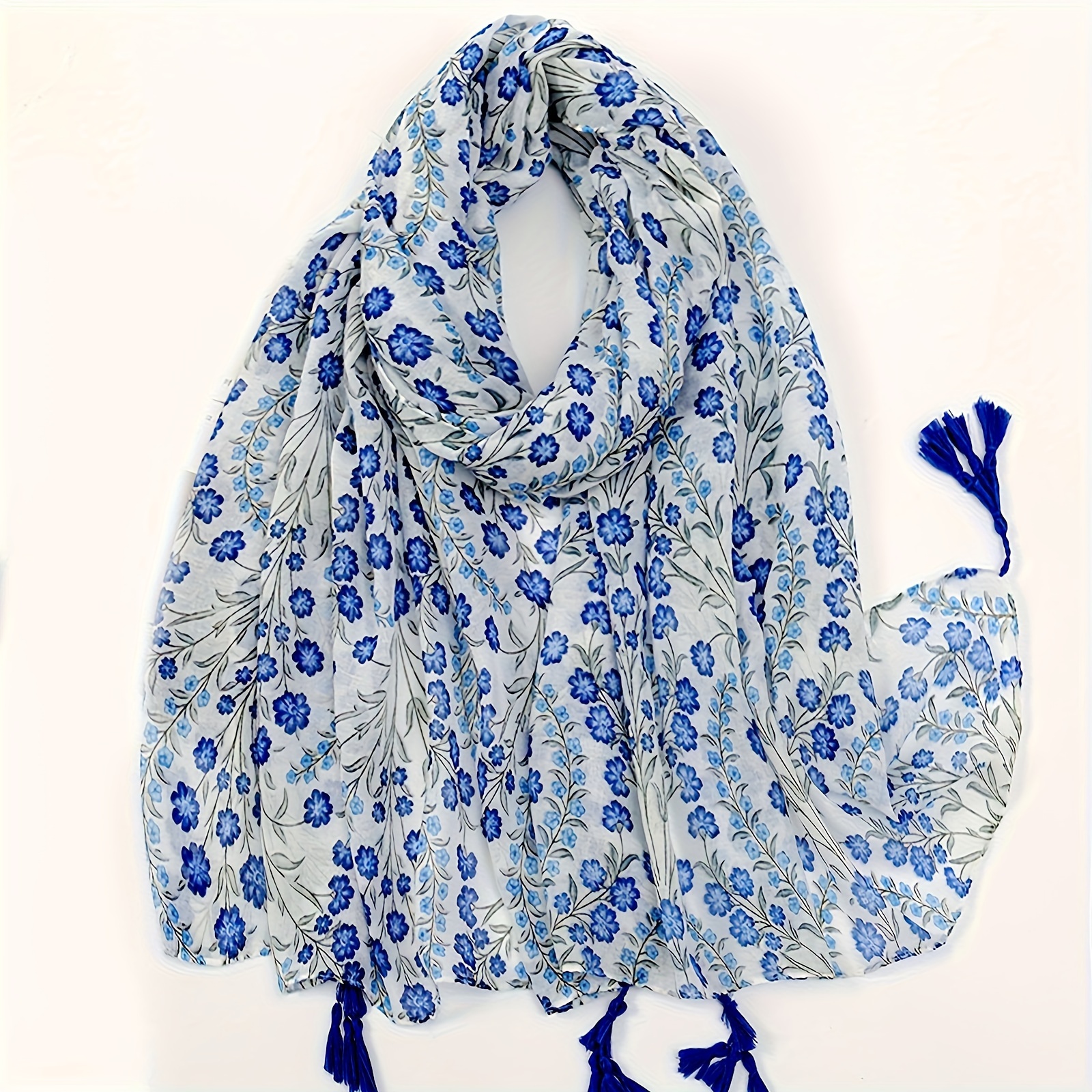 

Women's Blue Floral Print Scarf, Soft Warm Shawl Wrap, Long Rectangle Scarf, Outdoor Sunscreen Windproof Travel Scarf In Summer