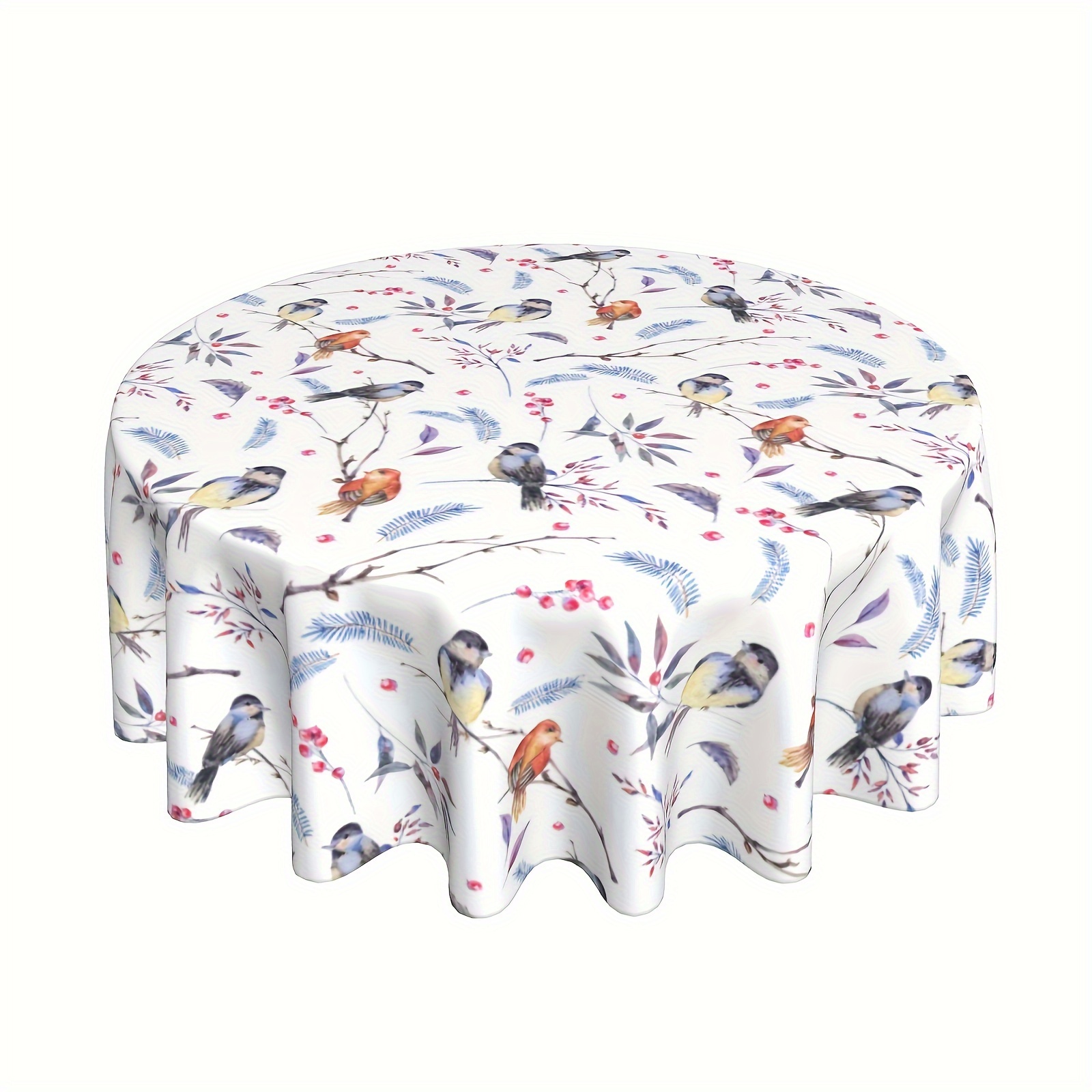 

1pcs, Tabelcloth, Red Berry Bird Printed Table Cover, Watercolor Round Decorative Table Cloth, Waterproof And Wrinkle Resistant Colorful Dining Table Cloth, Room Decor