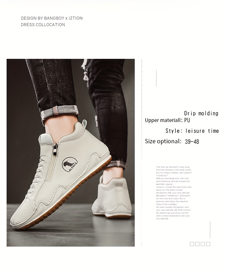 [Casual & Outdoor Shoes] Men's Ankle-High Zipper Boots - PU Upper & Rubber Sole, Slip-On/Lace-Like Zip Closure, All-Terrain Traction (EU 39-48), Casual & Outdoor Shoes for Winter/Spring/Fall, Round Toe Ankle Booties with Cushioned Insole