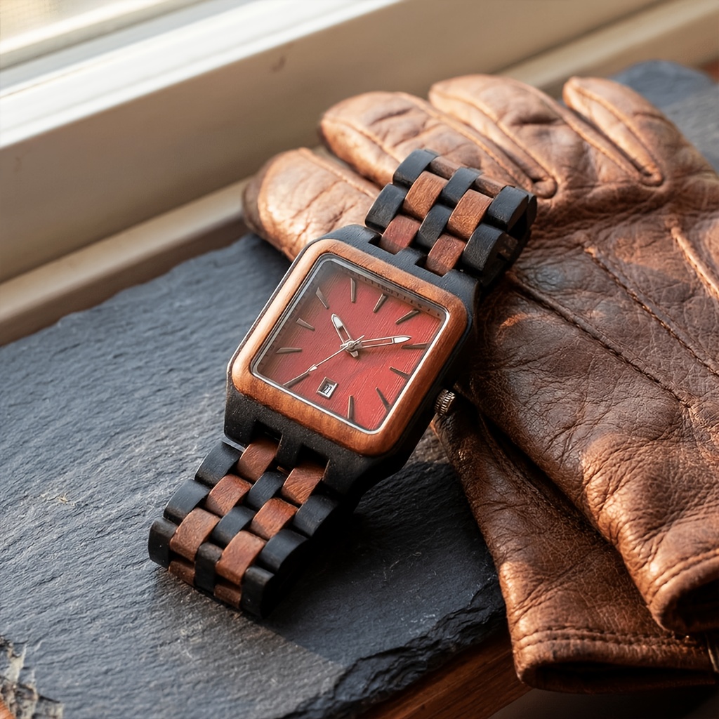 Men's Wooden Watch, Grain Quartz Wristwatch, Calendar Function, Square Watch Gift
