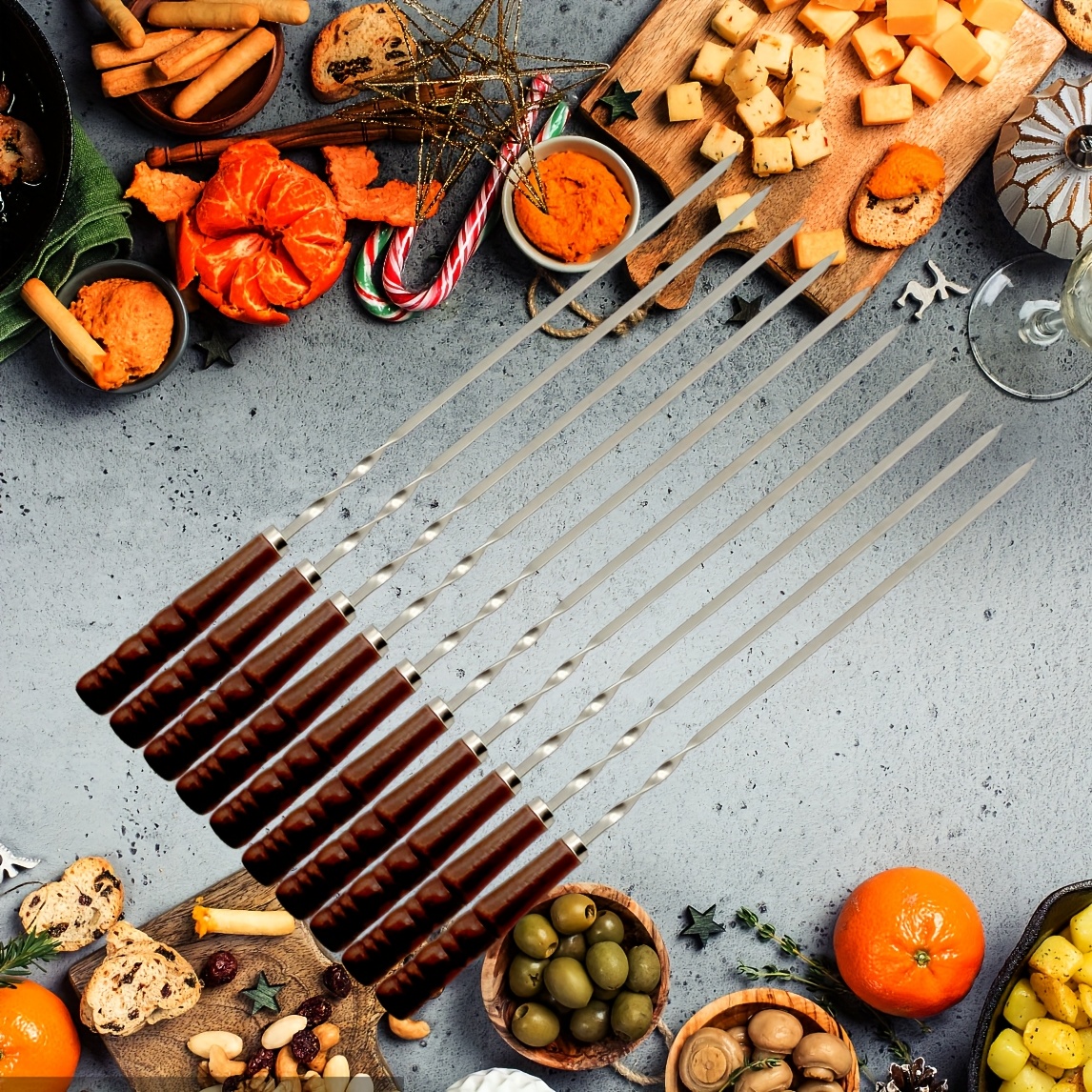 E-shop 10 Stück große Edelstahl-Grillspieße mit Holzgriff, wiederverwendbar – ideal für Camping, Gartenpartys und Outdoor-Kochen