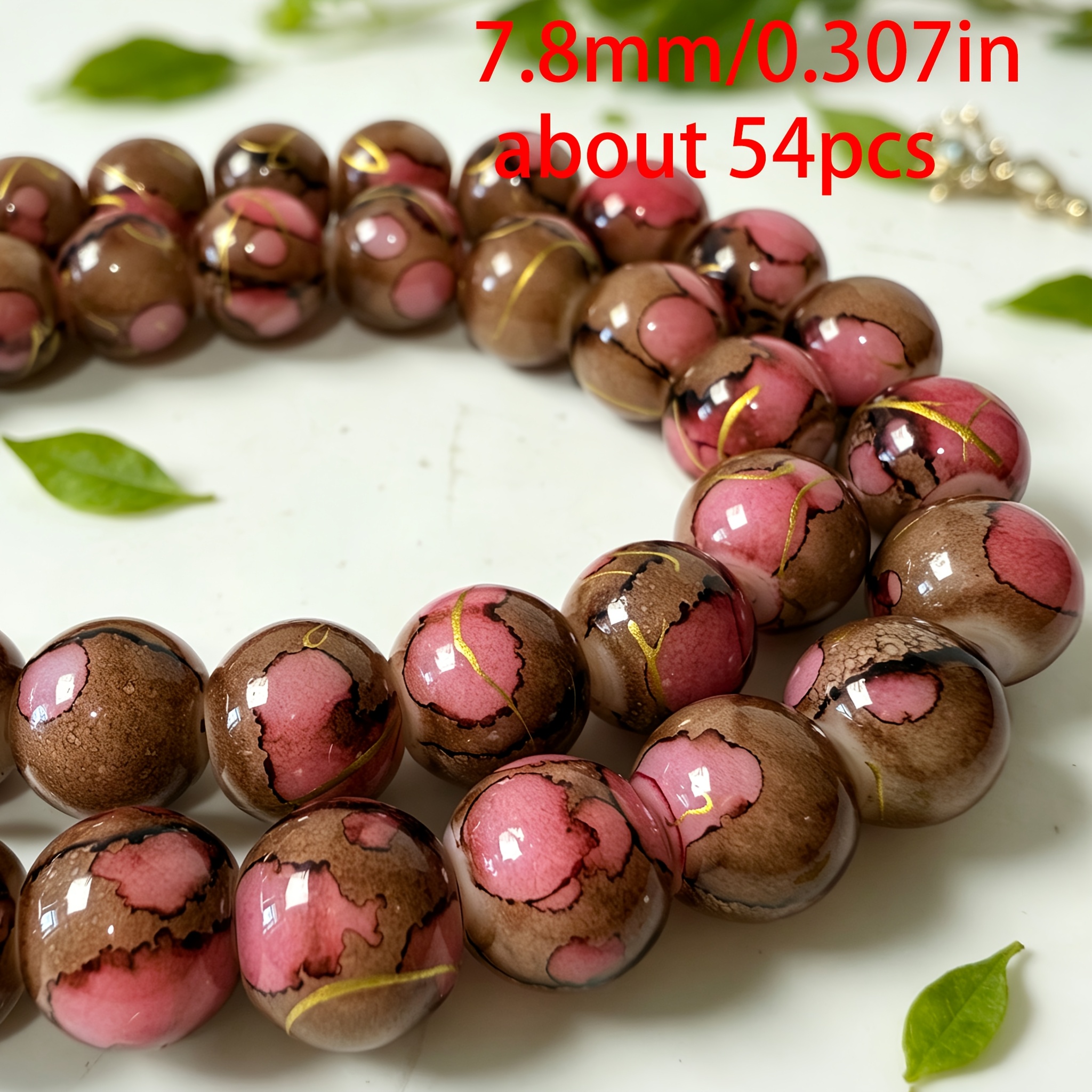 TEMU Kits de fabrication de bijoux, 73/54/43 pièces, perles rondes en verre dégradé rose-café avec dorées, 5,8/7,8/9,8 mm, avec trous, perles