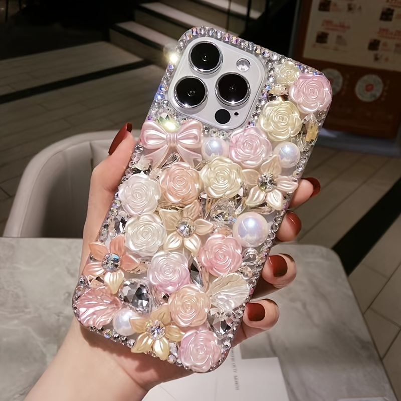 Fashionable And Luxurious Colored Resin Flower Rhinestone Pearl Phone Case Suitable for iPhone 15 Promax Anti Drop Phone Case