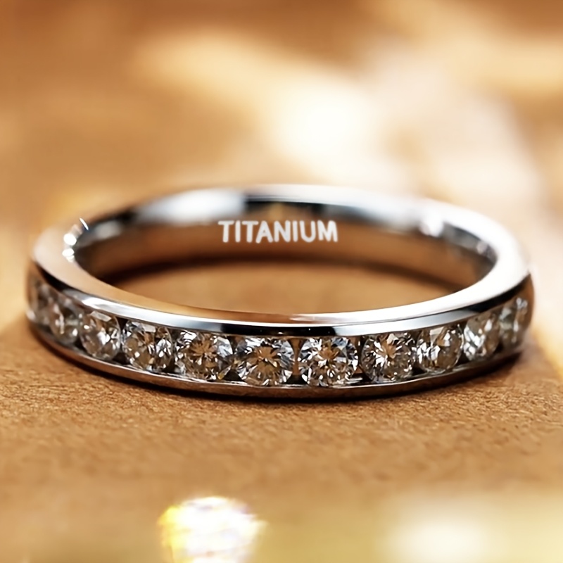 TEMU Anello in Acciaio al Titanio Larghezza 4Mm Completo Zirconia Anello Donna Matrimonio Fidanzamento Anello Facile da Indossare da Donna