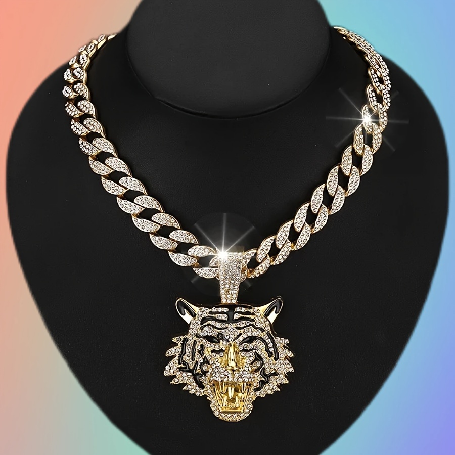 

1pc Shiny Full Synthetic Tiger Pendant Cuban Necklace, Hip Hop Cool Jewelry, Men' Accessories, Classic Souvenir, Ideal Gift For Valentine's Day, Christmas, Birthday, Anniversary