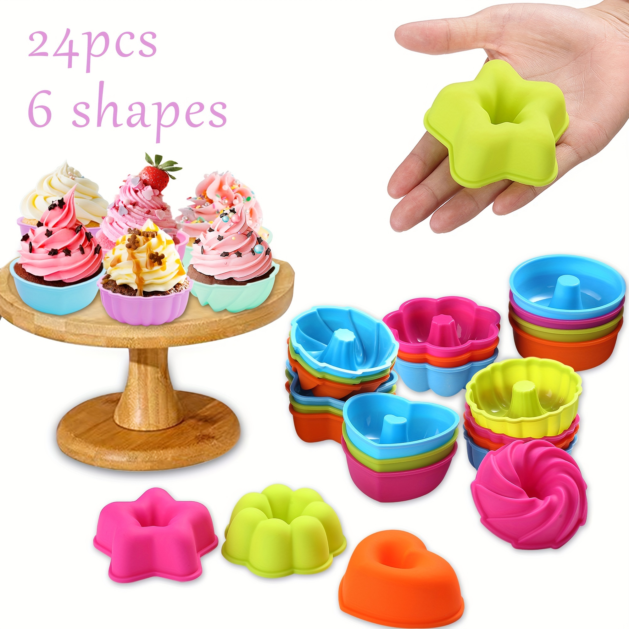 

24pack Silicone Molds, 6 Shapes Silicone Cupcake Liners, Reusable Silicone Baking Cups, Non Stick Muffin Liners, Diy Jelly Pudding Cake Candle Soap