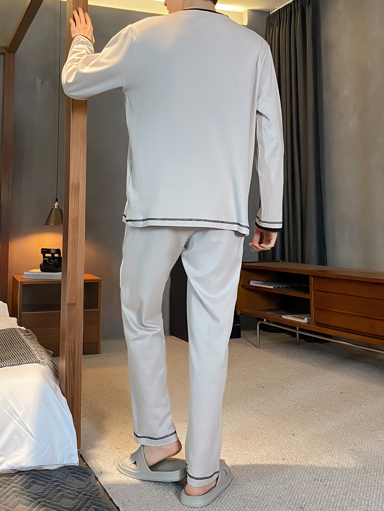 Men's Premium Cotton Pajama Set - Casual Long Sleeve & Pants with Pockets, Breathable Loungewear for Spring/Fall