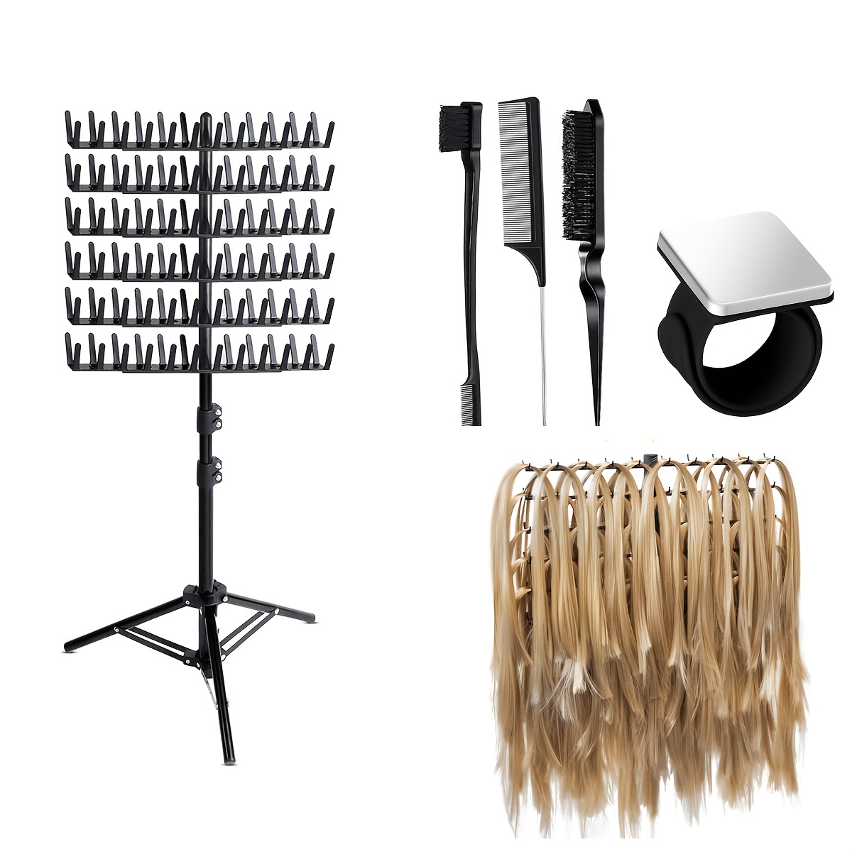 TEMU 144-hook Wig And Hair Extension Holder, Braiding Partition Stand, Height Adjustable, Easy To Assemble, Black Combination Set